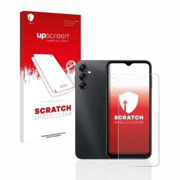 Parte frontale di una confezione del prodotto con il logo del marchio upscreen. Accanto è raffigurato il dispositivo Samsung G