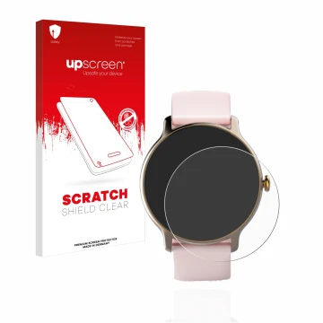 Parte frontale di una confezione del prodotto con il logo del marchio upscreen. Accanto è raffigurato il dispositivo Hama Fit 