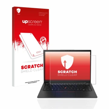 Parte frontale di una confezione del prodotto con il logo del marchio upscreen. Accanto è raffigurato il dispositivo Lenovo Th