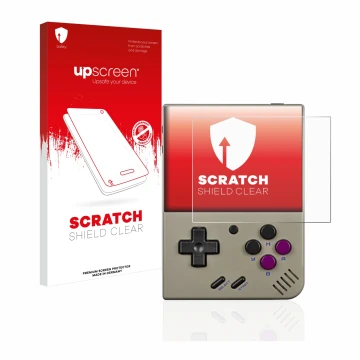 Parte frontale di una confezione del prodotto con il logo del marchio upscreen. Accanto è raffigurato il dispositivo Miyoo Min