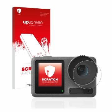 Parte frontale di una confezione del prodotto con il logo del marchio upscreen. Accanto è raffigurato il dispositivo DJI Osmo 