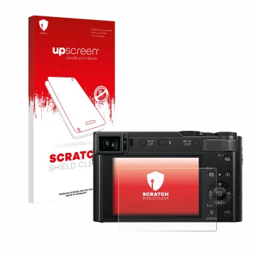 Parte frontale di una confezione del prodotto con il logo del marchio upscreen. Accanto è raffigurato il dispositivo Panasonic