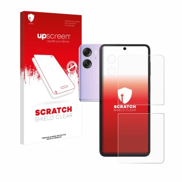 Parte frontale di una confezione del prodotto con il logo del marchio upscreen. Accanto è raffigurato il dispositivo Oppo Find