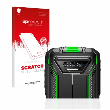 Parte frontale di una confezione del prodotto con il logo del marchio upscreen. Accanto è raffigurato il dispositivo Doogee S4
