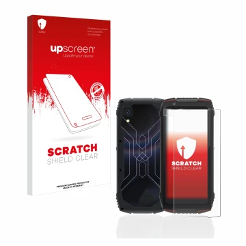 Parte frontale di una confezione del prodotto con il logo del marchio upscreen. Accanto è raffigurato il dispositivo Cubot Kin
