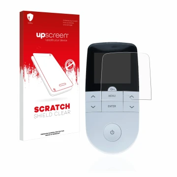 Parte frontale di una confezione del prodotto con il logo del marchio upscreen. Accanto è raffigurato il dispositivo Beurer EM