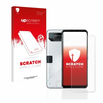 Parte frontale di una confezione del prodotto con il logo del marchio upscreen. Accanto è raffigurato il dispositivo ASUS ROG 