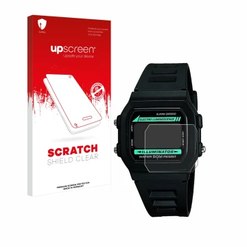 Parte frontale di una confezione del prodotto con il logo del marchio upscreen. Accanto è raffigurato il dispositivo Casio W-8