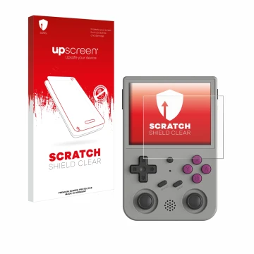 Parte frontale di una confezione del prodotto con il logo del marchio upscreen. Accanto è raffigurato il dispositivo Anbernic 