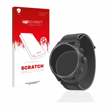 Parte frontale di una confezione del prodotto con il logo del marchio upscreen. Accanto è raffigurato il dispositivo Coros Ape