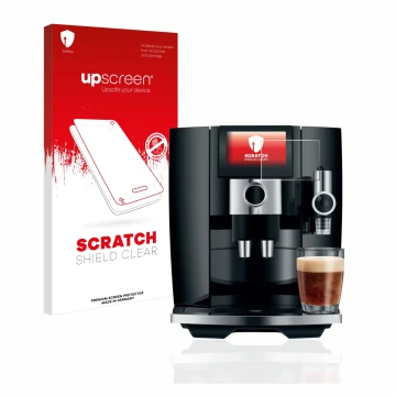 Parte frontale di una confezione del prodotto con il logo del marchio upscreen. Accanto è raffigurato il dispositivo Jura J8 c