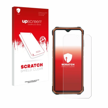 Parte frontale di una confezione del prodotto con il logo del marchio upscreen. Accanto è raffigurato il dispositivo Blackview