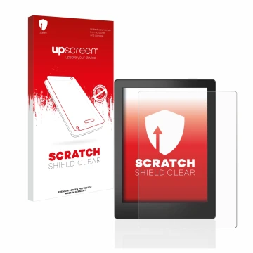 Parte frontale di una confezione del prodotto con il logo del marchio upscreen. Accanto è raffigurato il dispositivo Boox Poke