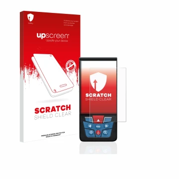 Parte frontale di una confezione del prodotto con il logo del marchio upscreen. Accanto è raffigurato il dispositivo Bosch GLM