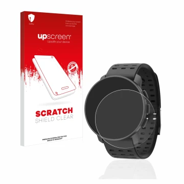 Parte frontale di una confezione del prodotto con il logo del marchio upscreen. Accanto è raffigurato il dispositivo Suunto 9 