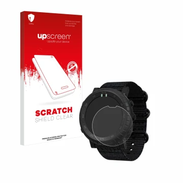 Parte frontale di una confezione del prodotto con il logo del marchio upscreen. Accanto è raffigurato il dispositivo Suunto Co