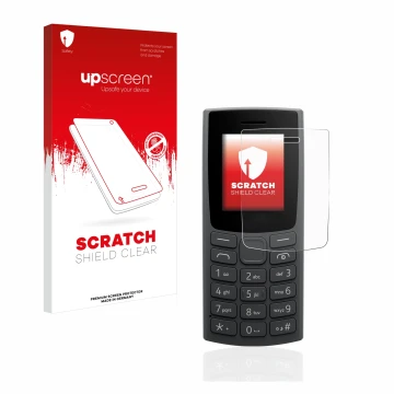 Parte frontale di una confezione del prodotto con il logo del marchio upscreen. Accanto è raffigurato il dispositivo Nokia 105