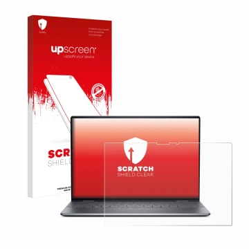 Parte frontale di una confezione del prodotto con il logo del marchio upscreen. Accanto è raffigurato il dispositivo Dell Lati