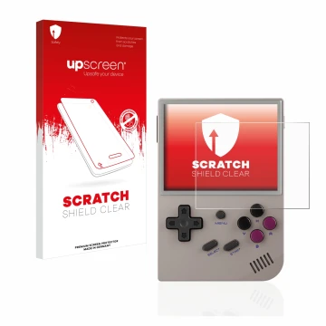 Parte frontale di una confezione del prodotto con il logo del marchio upscreen. Accanto è raffigurato il dispositivo Anbernic 