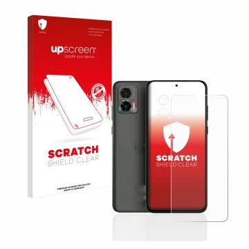 Parte frontale di una confezione del prodotto con il logo del marchio upscreen. Accanto è raffigurato il dispositivo Motorola 