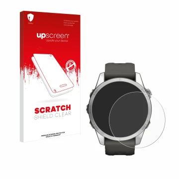 Parte frontale di una confezione del prodotto con il logo del marchio upscreen. Accanto è raffigurato il dispositivo Garmin Fe