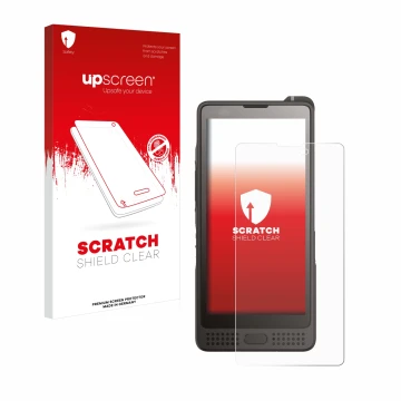 Parte frontale di una confezione del prodotto con il logo del marchio upscreen. Accanto è raffigurato il dispositivo Sonim XP1