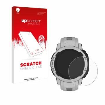 Parte frontale di una confezione del prodotto con il logo del marchio upscreen. Accanto è raffigurato il dispositivo Garmin In
