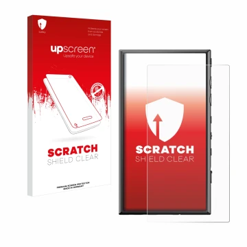 Parte frontale di una confezione del prodotto con il logo del marchio upscreen. Accanto è raffigurato il dispositivo Sony Walk