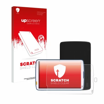 Parte frontale di una confezione del prodotto con il logo del marchio upscreen. Accanto è raffigurato il dispositivo Zebra ET4