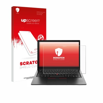 Parte frontale di una confezione del prodotto con il logo del marchio upscreen. Accanto è raffigurato il dispositivo Lenovo Th