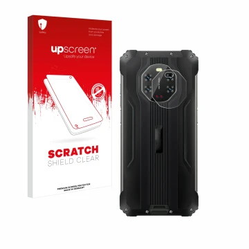 Parte frontale di una confezione del prodotto con il logo del marchio upscreen. Accanto è raffigurato il dispositivo Blackview