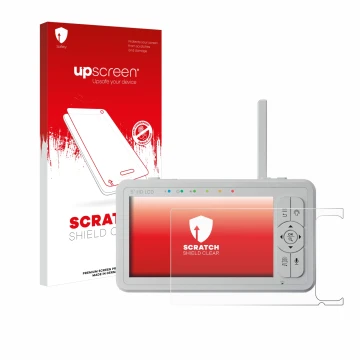 Parte frontale di una confezione del prodotto con il logo del marchio upscreen. Accanto è raffigurato il dispositivo Babysense