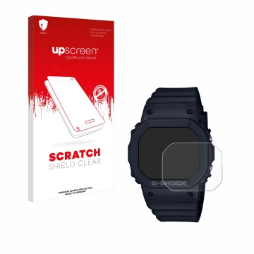 Parte frontale di una confezione del prodotto con il logo del marchio upscreen. Accanto è raffigurato il dispositivo Casio G-S