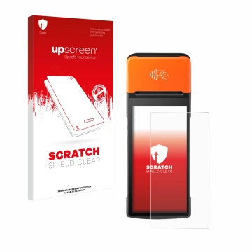 Parte frontale di una confezione del prodotto con il logo del marchio upscreen. Accanto è raffigurato il dispositivo Sunmi V2 