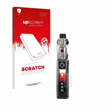 Parte frontale di una confezione del prodotto con il logo del marchio upscreen. Accanto è raffigurato il dispositivo Voopoo Dr
