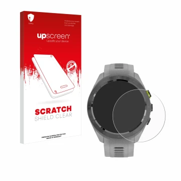 Parte frontale di una confezione del prodotto con il logo del marchio upscreen. Accanto è raffigurato il dispositivo Garmin Ap