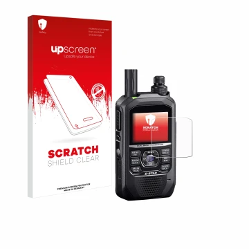 Parte frontale di una confezione del prodotto con il logo del marchio upscreen. Accanto è raffigurato il dispositivo Icom ID-5