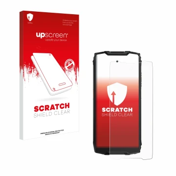 Parte frontale di una confezione del prodotto con il logo del marchio upscreen. Accanto è raffigurato il dispositivo Blackview