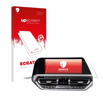 Parte frontale di una confezione del prodotto con il logo del marchio upscreen. Accanto è raffigurato il dispositivo BMW 3 G20