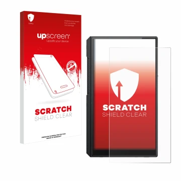 Parte frontale di una confezione del prodotto con il logo del marchio upscreen. Accanto è raffigurato il dispositivo FiiO M11s