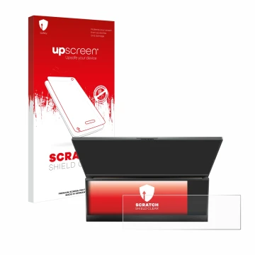 Parte frontale di una confezione del prodotto con il logo del marchio upscreen. Accanto è raffigurato il dispositivo ASUS ROG 