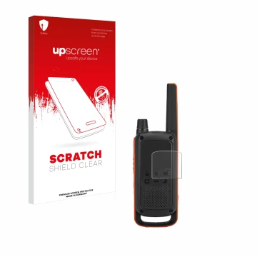 Parte frontale di una confezione del prodotto con il logo del marchio upscreen. Accanto è raffigurato il dispositivo Motorola 
