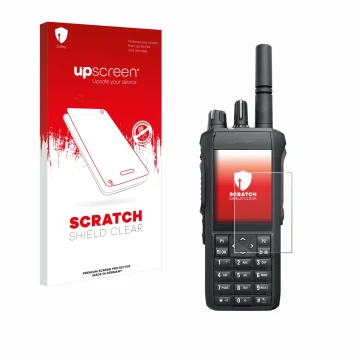 Parte frontale di una confezione del prodotto con il logo del marchio upscreen. Accanto è raffigurato il dispositivo Motorola 