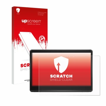 Parte frontale di una confezione del prodotto con il logo del marchio upscreen. Accanto è raffigurato il dispositivo ASUS Expe