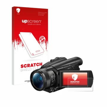 Parte frontale di una confezione del prodotto con il logo del marchio upscreen. Accanto è raffigurato il dispositivo Sony FDR-