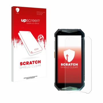 Parte frontale di una confezione del prodotto con il logo del marchio upscreen. Accanto è raffigurato il dispositivo Ulefone A