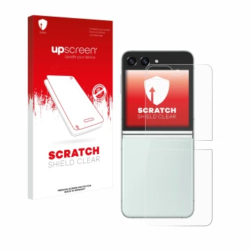 Parte frontale di una confezione del prodotto con il logo del marchio upscreen. Accanto è raffigurato il dispositivo Samsung G