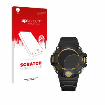 Parte frontale di una confezione del prodotto con il logo del marchio upscreen. Accanto è raffigurato il dispositivo Casio G-S