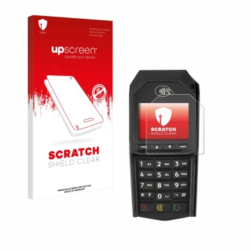 Parte frontale di una confezione del prodotto con il logo del marchio upscreen. Accanto è raffigurato il dispositivo ingenico 