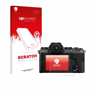 Parte frontale di una confezione del prodotto con il logo del marchio upscreen. Accanto è raffigurato il dispositivo Fujifilm 